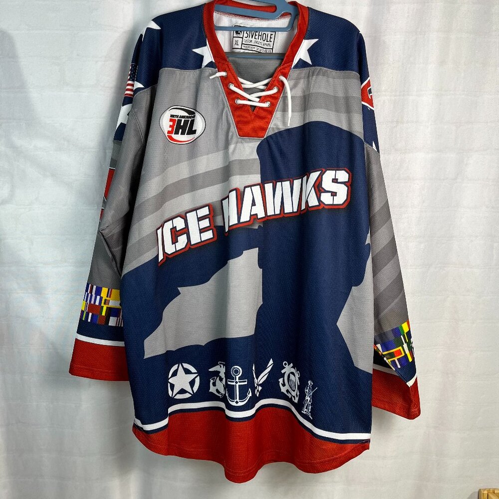 5ivehole Men's #35 Ice Hawks Hockey Jersey Shirt NA3HL Size XL Heavy America USA - Picture 1 of 11